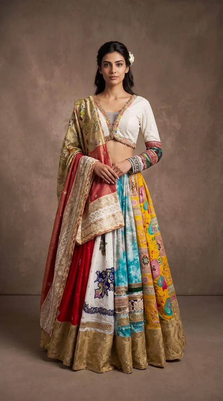 Patchwork festive lehenga with dupatta, front view on a model, by Vayem Studios