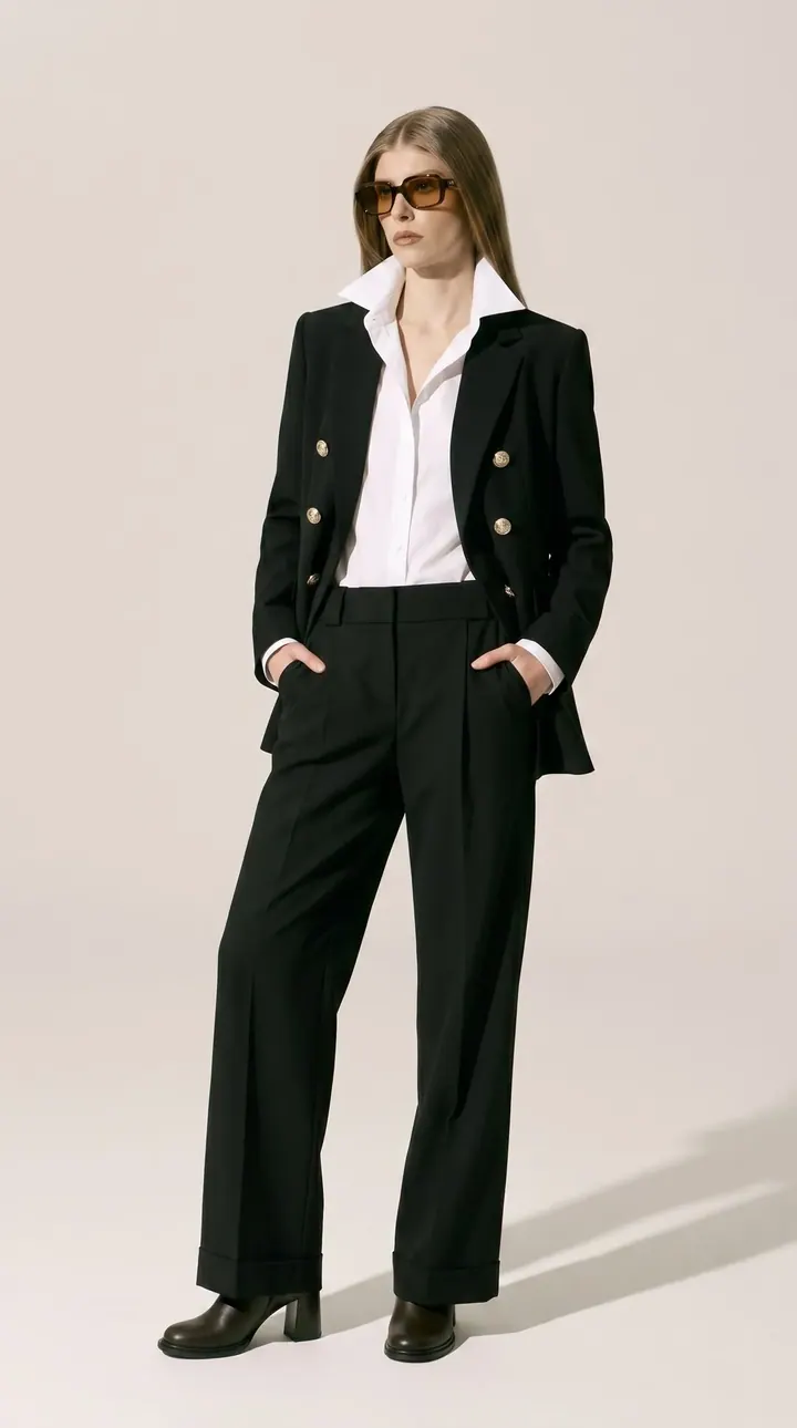 Black suit on a model, contemporary product photography by Vayem Studios