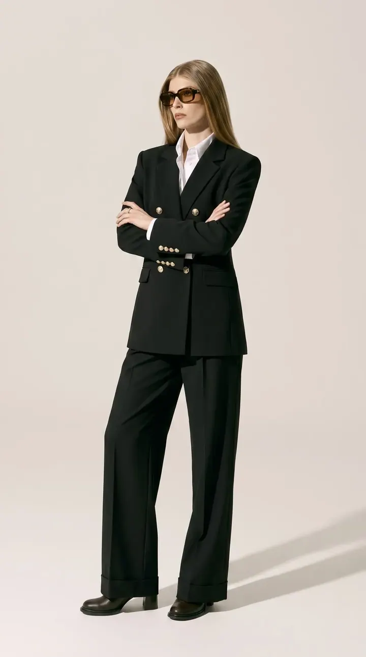 Black suit on a model, contemporary product photography by Vayem Studios