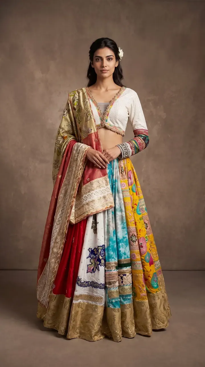 Ivory patchwork lehenga on a model, ethnic wear product photography by Vayem Studios