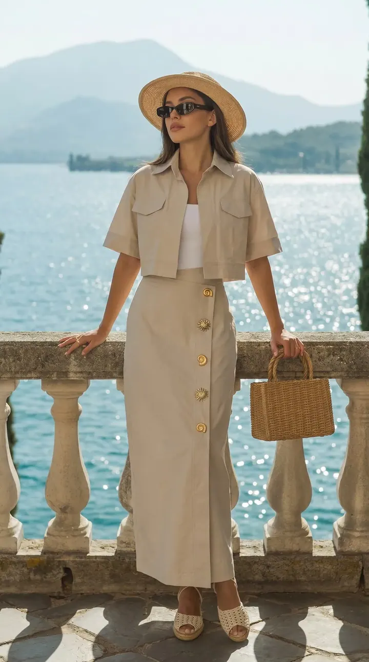 Beige shirt and skirt on a model, modest wear product photography by Vayem Studios