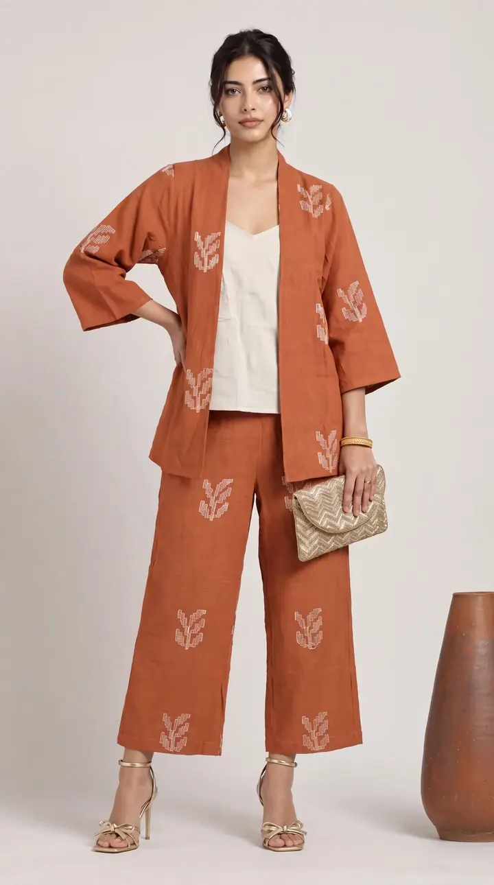 Rust co-ord set on a model, lifestyle product photography by Vayem Studios