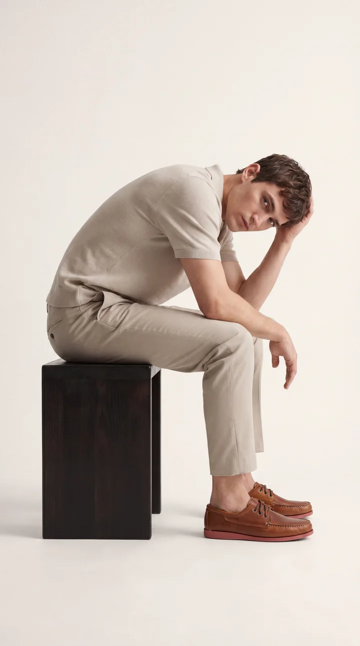 Model in beige knitwear and tan leather shoes, by Vayem Studios
